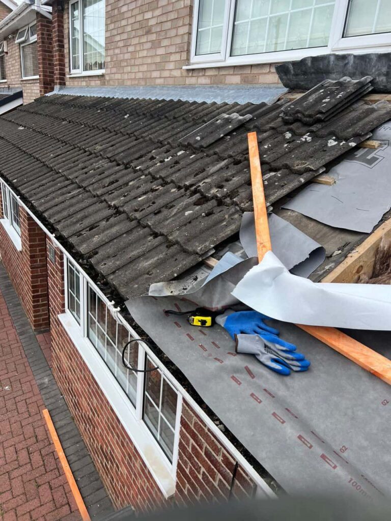 This is a photo of a pitched roof which is being repaired. The existing roof was leaking badly. Works carried out by Kirkby in Ashfield Roofing Repairs